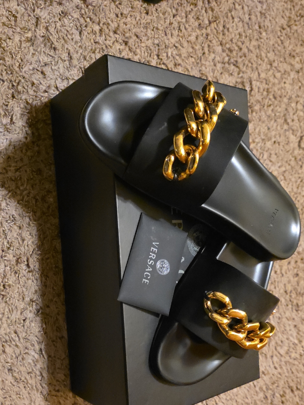 Versace Black Slides with Bold Gold Chain Detail. Almost Too Good To Be True